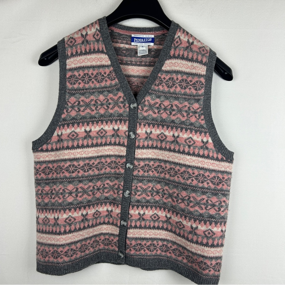 Pendleton Pink and Gray Fair Isle Wool Vest Cardigan
